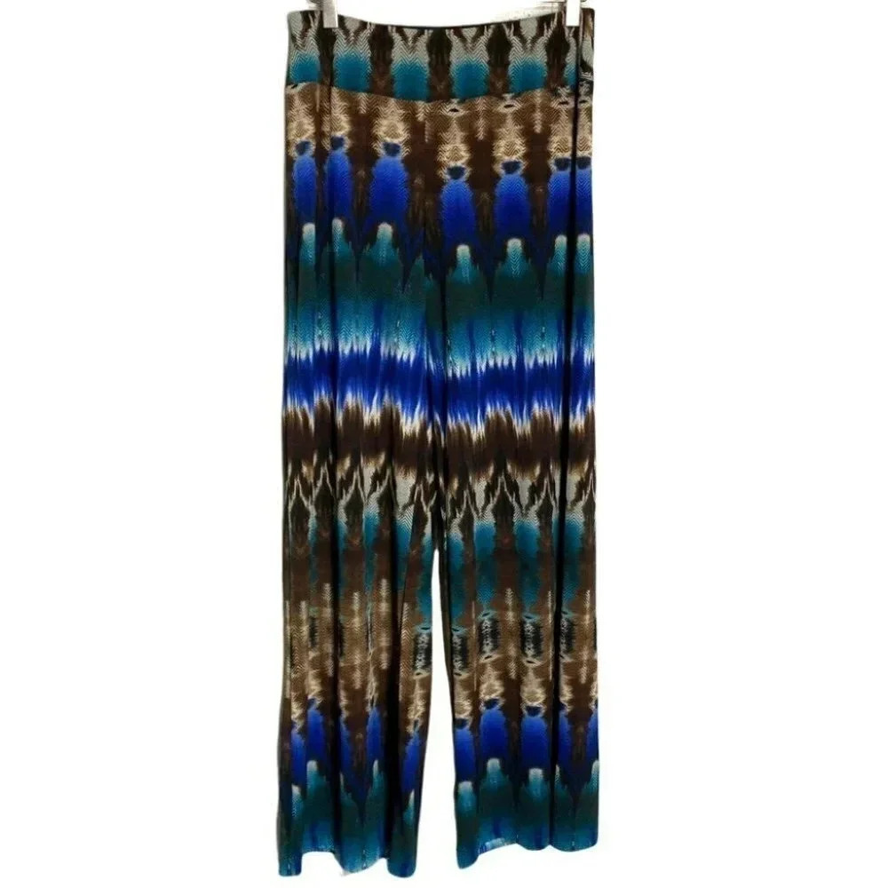 Boston Proper Wide Leg Palazzo Pants S Blue Brown Ikat Chevron High Rise Elastic